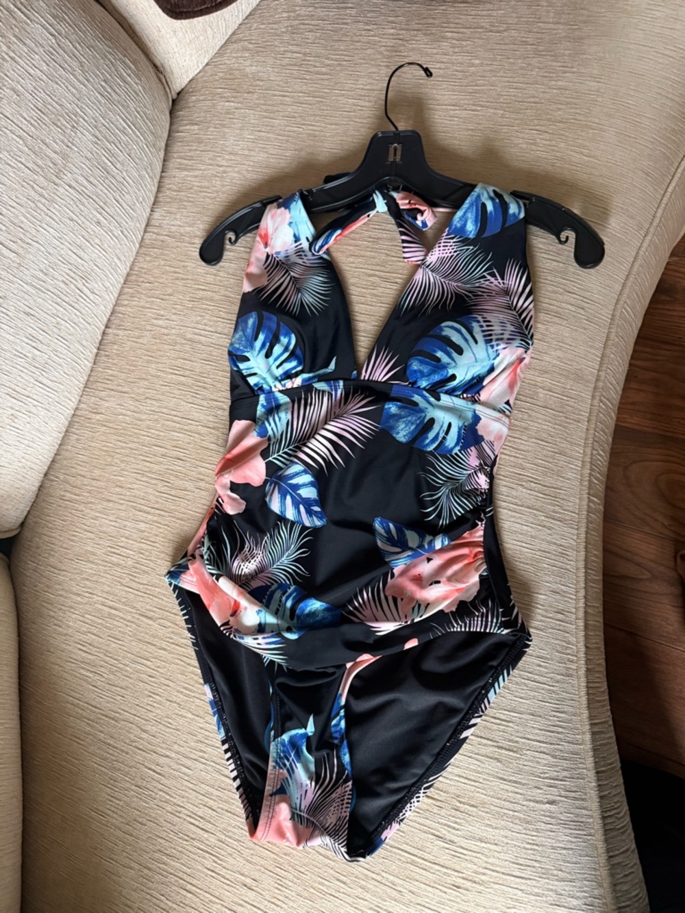 Tropical Print One-Piece Swimsuit in Black with Blue & Coral Leaves by DKNY